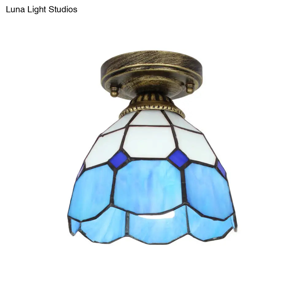 Tiffany Bell Shaped Semi Flush Light With Gridded Glass Ceiling Mount & Scalloped Trim