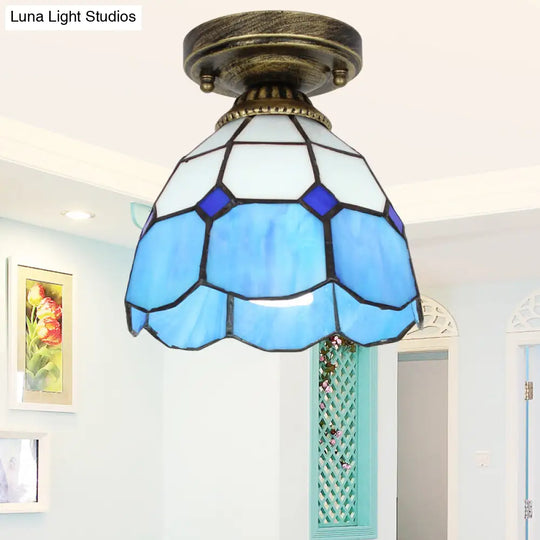 Tiffany Bell Shaped Semi Flush Light With Gridded Glass Ceiling Mount & Scalloped Trim Sky Blue