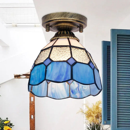 Tiffany Bell Shaped Semi Flush Light With Gridded Glass Ceiling Mount & Scalloped Trim Blue