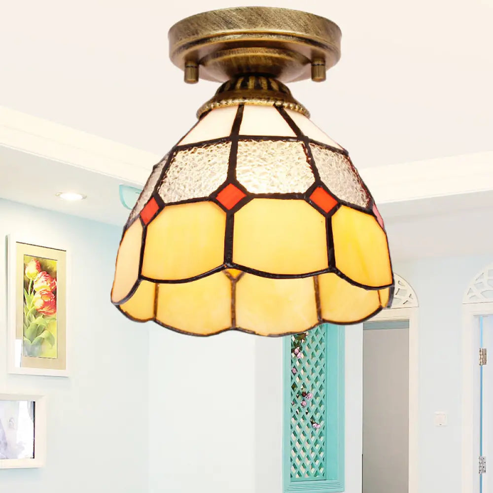 Tiffany Bell Shaped Semi Flush Light With Gridded Glass Ceiling Mount & Scalloped Trim Yellow