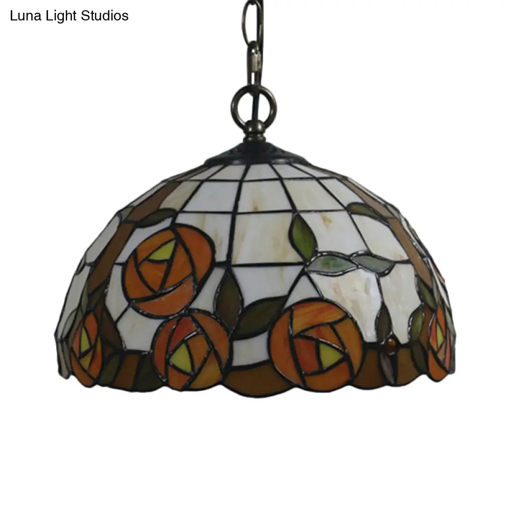 Tiffany Black Floral Patterned Pendant Light Kit With Hand Cut Glass Shade For Dining Room