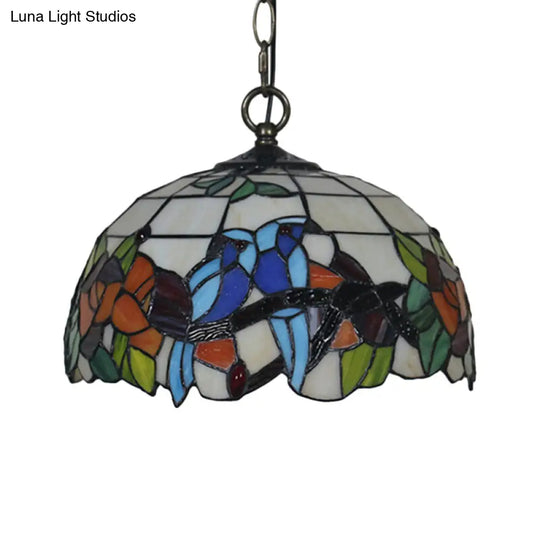 Tiffany Style Black Floral Drop Pendant Light For Dining Room With Handcrafted Glass Shade