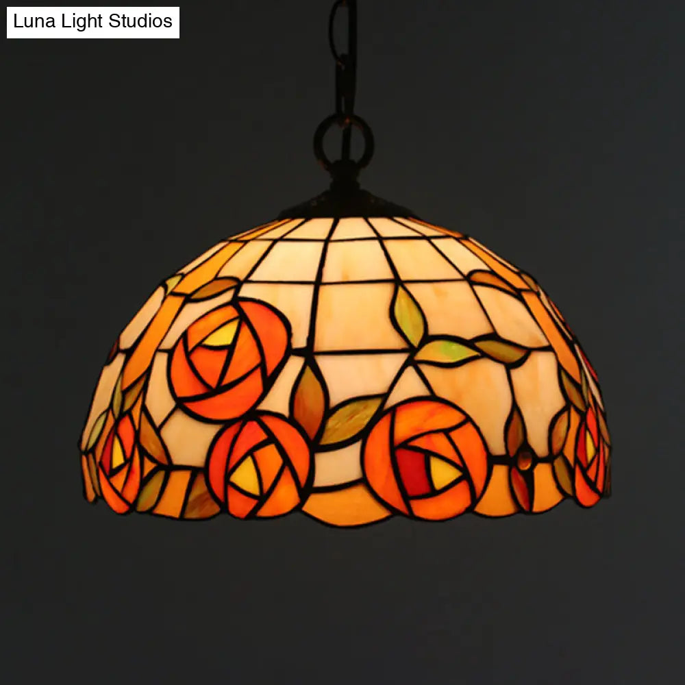 Tiffany Style Black Floral Drop Pendant Light For Dining Room With Handcrafted Glass Shade / C