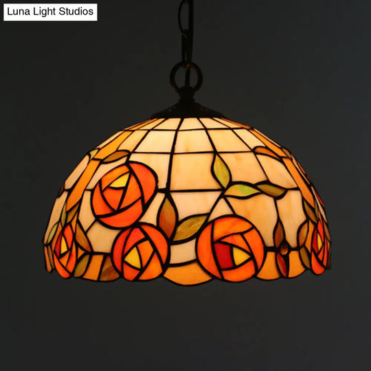 Tiffany Style Black Floral Drop Pendant Light For Dining Room With Handcrafted Glass Shade / C