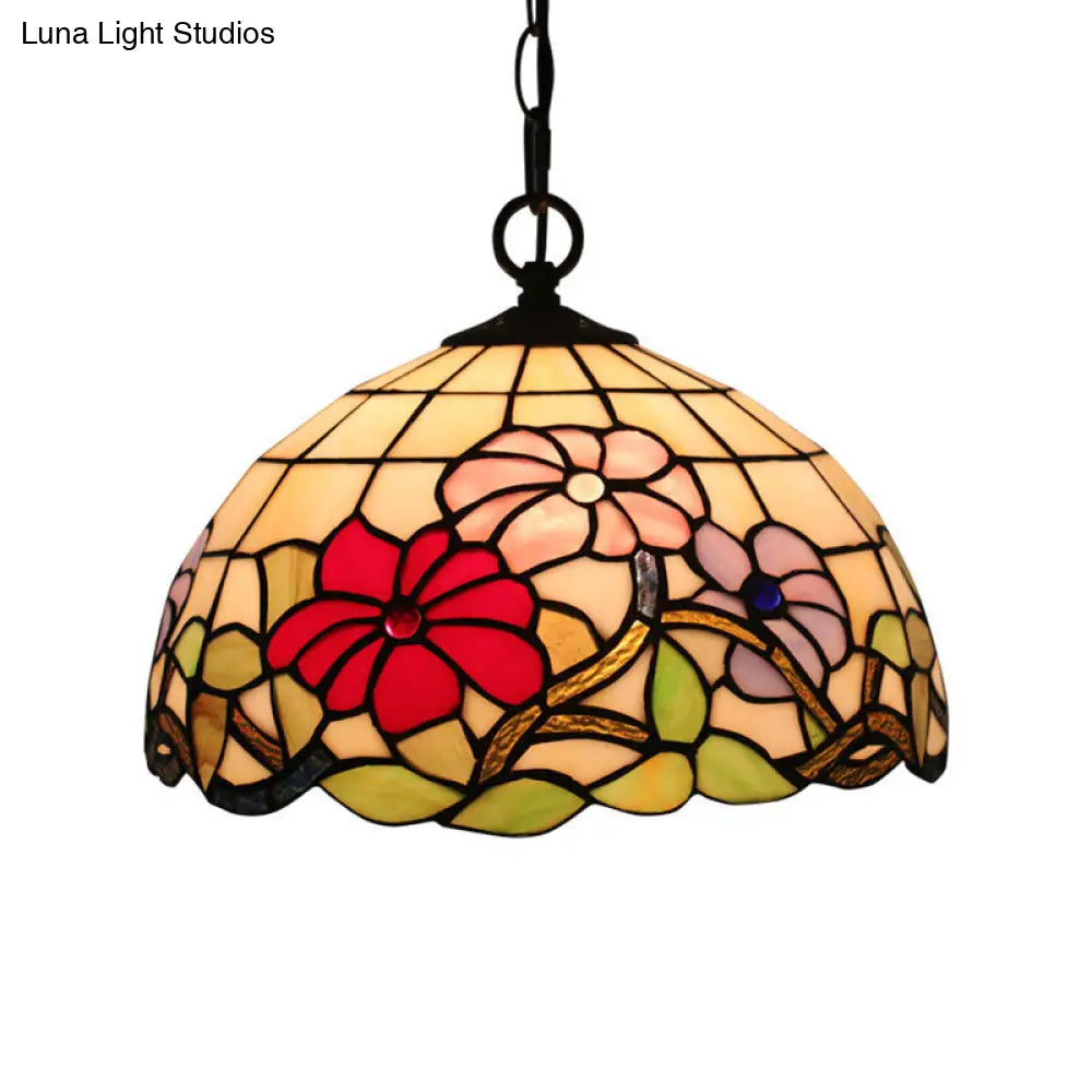 Tiffany Style Black Floral Drop Pendant Light For Dining Room With Handcrafted Glass Shade