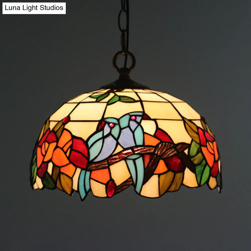 Tiffany Style Black Floral Drop Pendant Light For Dining Room With Handcrafted Glass Shade / B