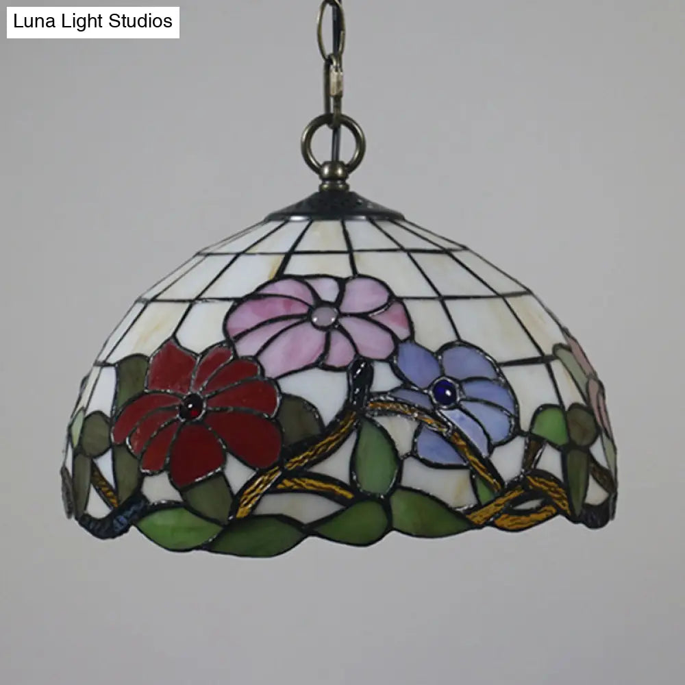 Tiffany Black Floral Patterned Pendant Light Kit With Hand Cut Glass Shade For Dining Room