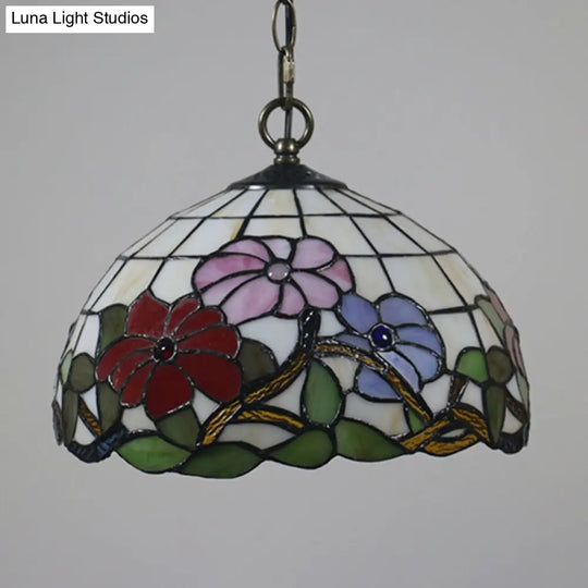 Tiffany Black Floral Patterned Pendant Light Kit With Hand Cut Glass Shade For Dining Room