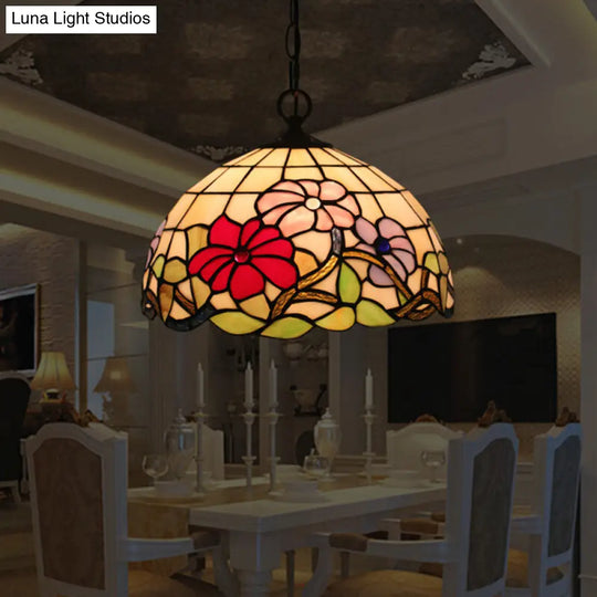 Tiffany Style Black Floral Drop Pendant Light For Dining Room With Handcrafted Glass Shade