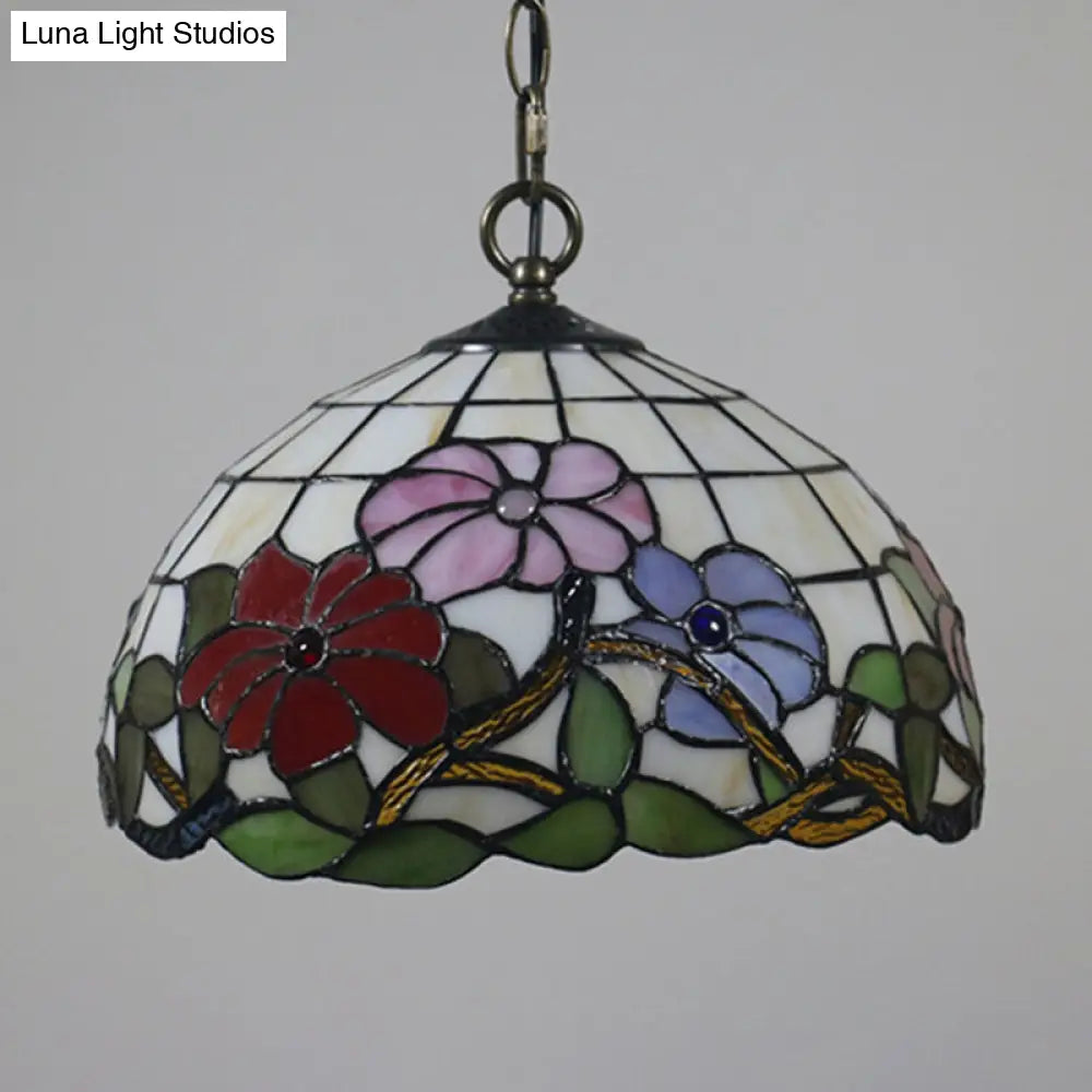 Tiffany Style Black Floral Drop Pendant Light For Dining Room With Handcrafted Glass Shade