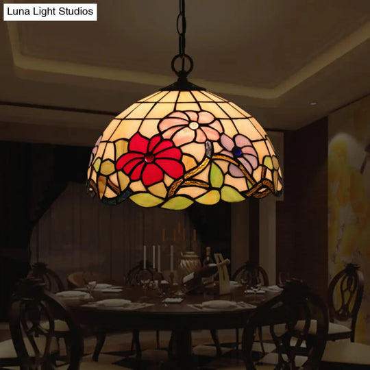 Tiffany Style Black Floral Drop Pendant Light For Dining Room With Handcrafted Glass Shade / A