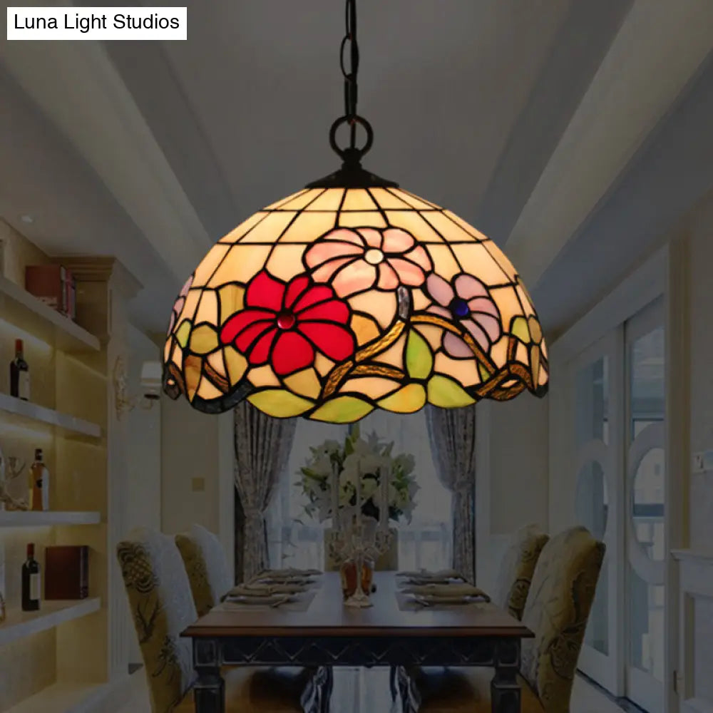 Tiffany Black Floral Patterned Pendant Light Kit With Hand Cut Glass Shade For Dining Room