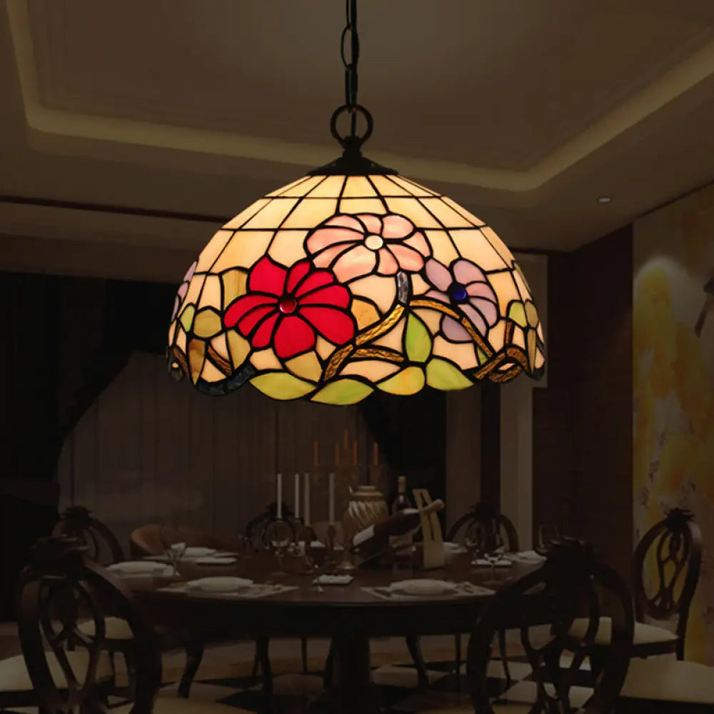Tiffany Black Floral Patterned Pendant Light Kit With Hand Cut Glass Shade For Dining Room / A