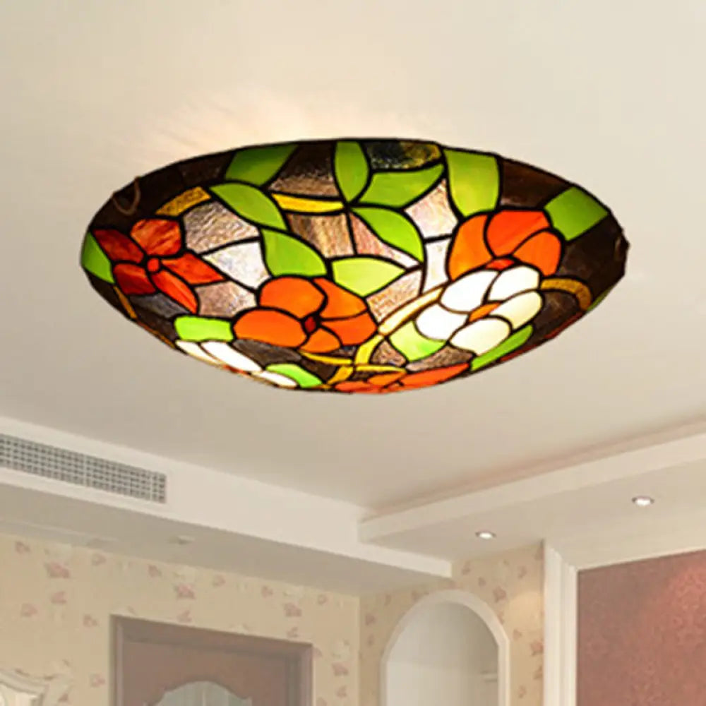 Tiffany Black Flush - Mount Bedroom Ceiling Light With Stained Glass Shade / 12’