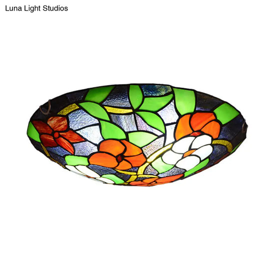 Tiffany Black Flush-Mount Bedroom Ceiling Light With Stained Glass Shade