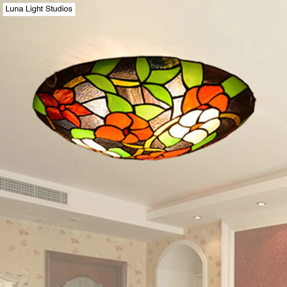 Tiffany Black Flush-Mount Bedroom Ceiling Light With Stained Glass Shade / 12