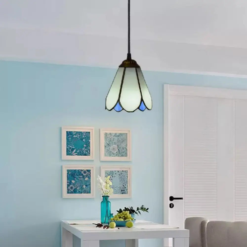 Tiffany Blossom Down Mini Pendant – Blue/White Glass Ceiling Lamp For Living Room White
