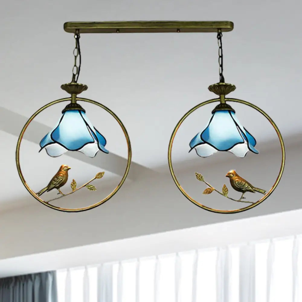 Tiffany Blossom Pendant Lamp With Little Bird Glass Hanging Light In Blue - Perfect For Kitchen