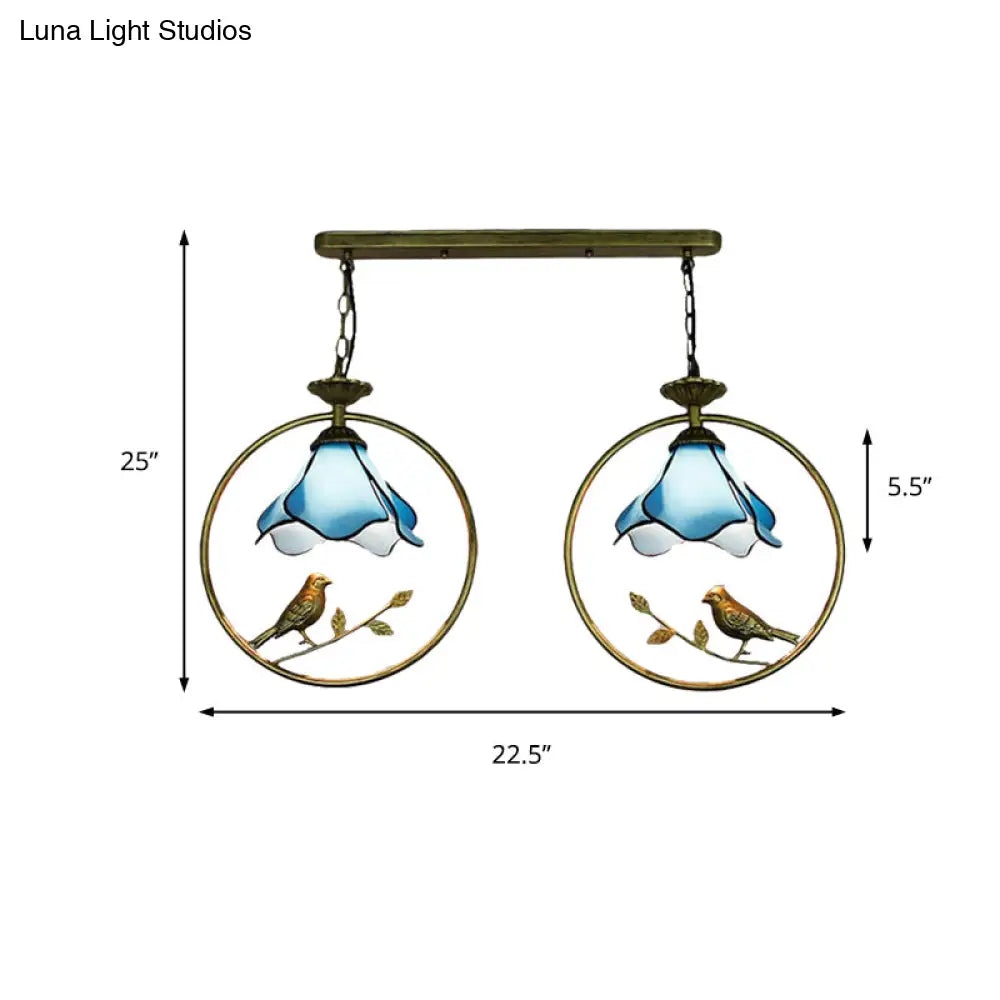Tiffany Blossom Pendant Lamp With Little Bird Glass Hanging Light In Blue - Perfect For Kitchen