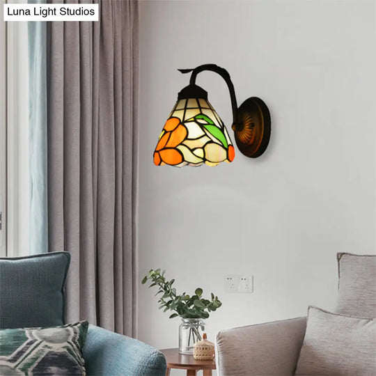 Tiffany Blossom Wall Light With Bird Stained Glass - Rustic 1-Head Orange Lamp For Dining Room