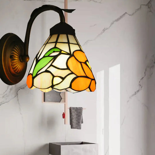 Tiffany Blossom Wall Light With Bird Stained Glass - Rustic 1-Head Orange Lamp For Dining Room