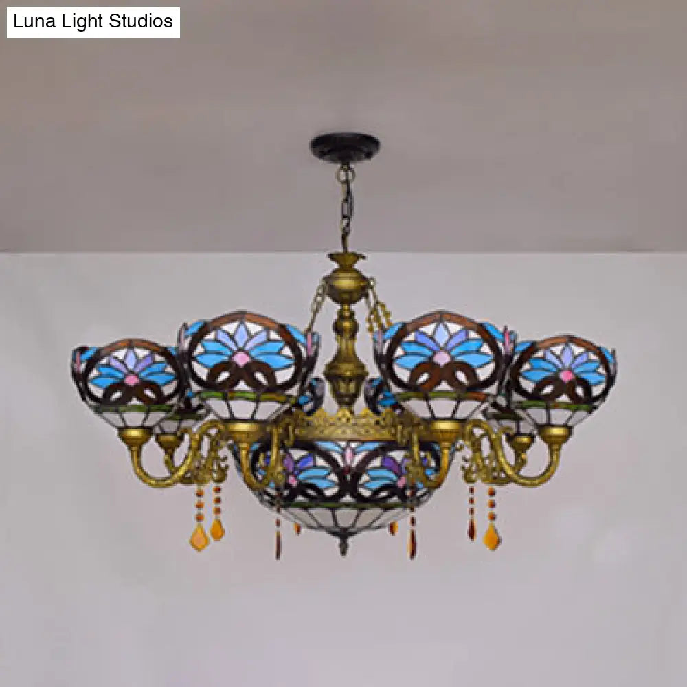 Blue Tiffany Crystal Chandelier With Bowl Glass Shade - 9 Light Suspension For Bedroom