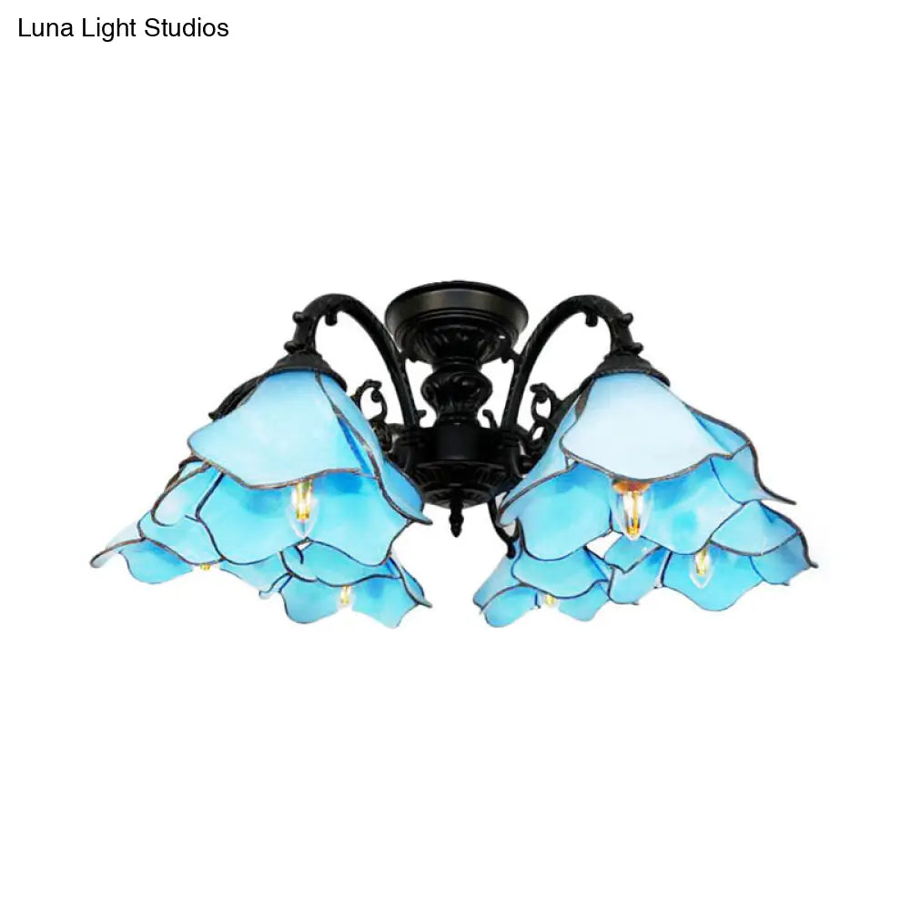 Art Glass Tiffany Blue Pendant Chandelier With 6 Bookstore Flower Lights - Ideal For Hotels