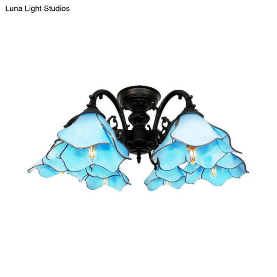 Art Glass Tiffany Blue Pendant Chandelier With 6 Bookstore Flower Lights - Ideal For Hotels