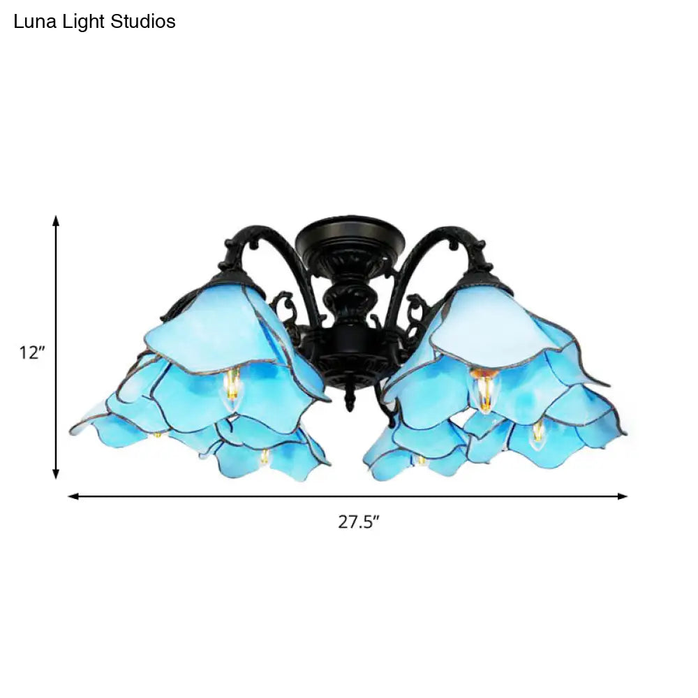 Tiffany Blue Chandelier: 6-Light Bookstore Flower Pendant Light With Creative Art Glass - Perfect