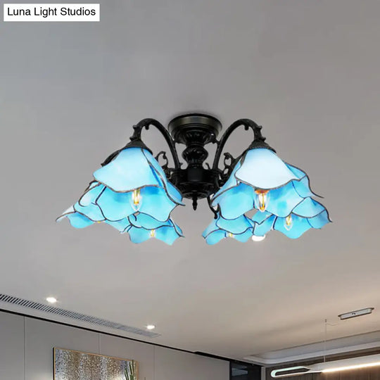 Art Glass Tiffany Blue Pendant Chandelier With 6 Bookstore Flower Lights - Ideal For Hotels