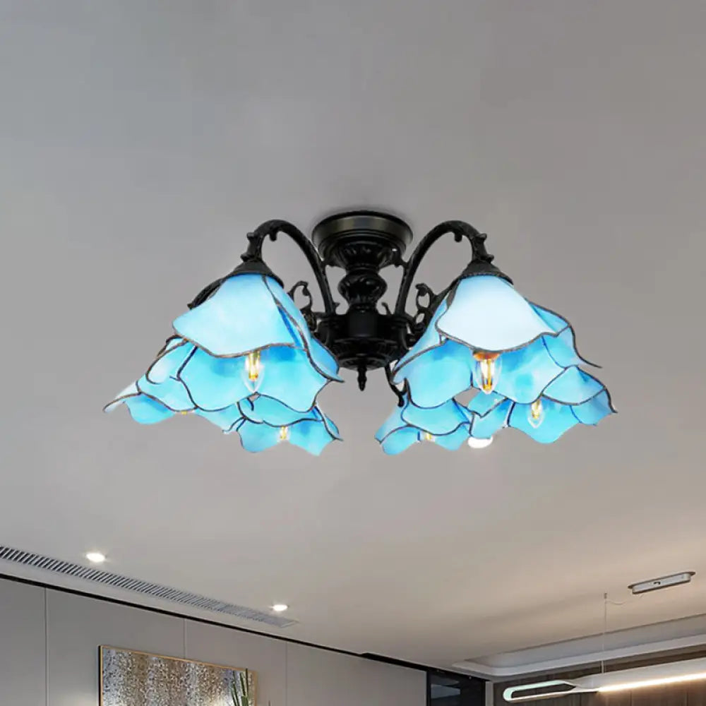 Tiffany Blue Chandelier: 6-Light Bookstore Flower Pendant Light With Creative Art Glass - Perfect