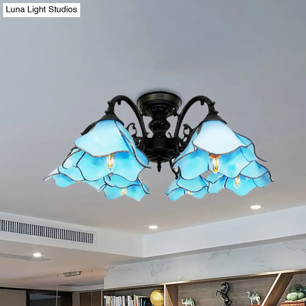 Art Glass Tiffany Blue Pendant Chandelier With 6 Bookstore Flower Lights - Ideal For Hotels