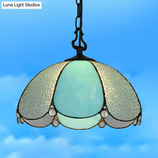 Tiffany Blue/Clear Flower Hanging Lamp - Hand Cut Glass Pendant Light For Dining Room