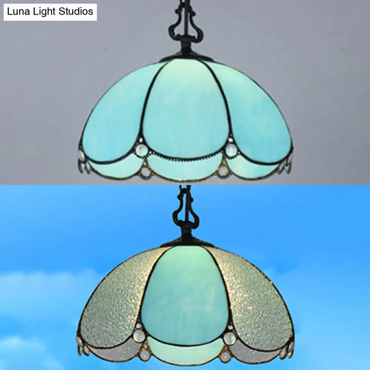 Tiffany Blue/Clear Flower Hanging Lamp - Hand Cut Glass Pendant Light For Dining Room