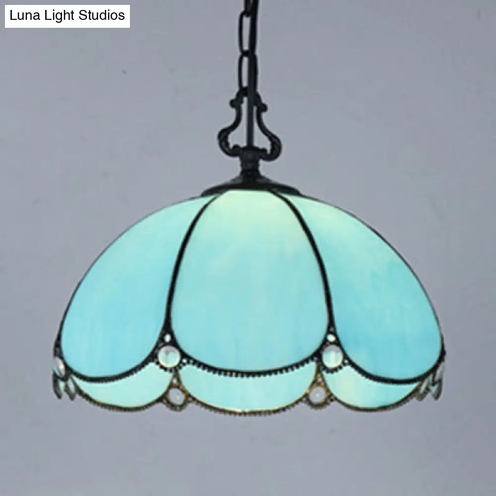 Tiffany Blue/Clear Flower Hanging Lamp - Hand Cut Glass Pendant Light For Dining Room