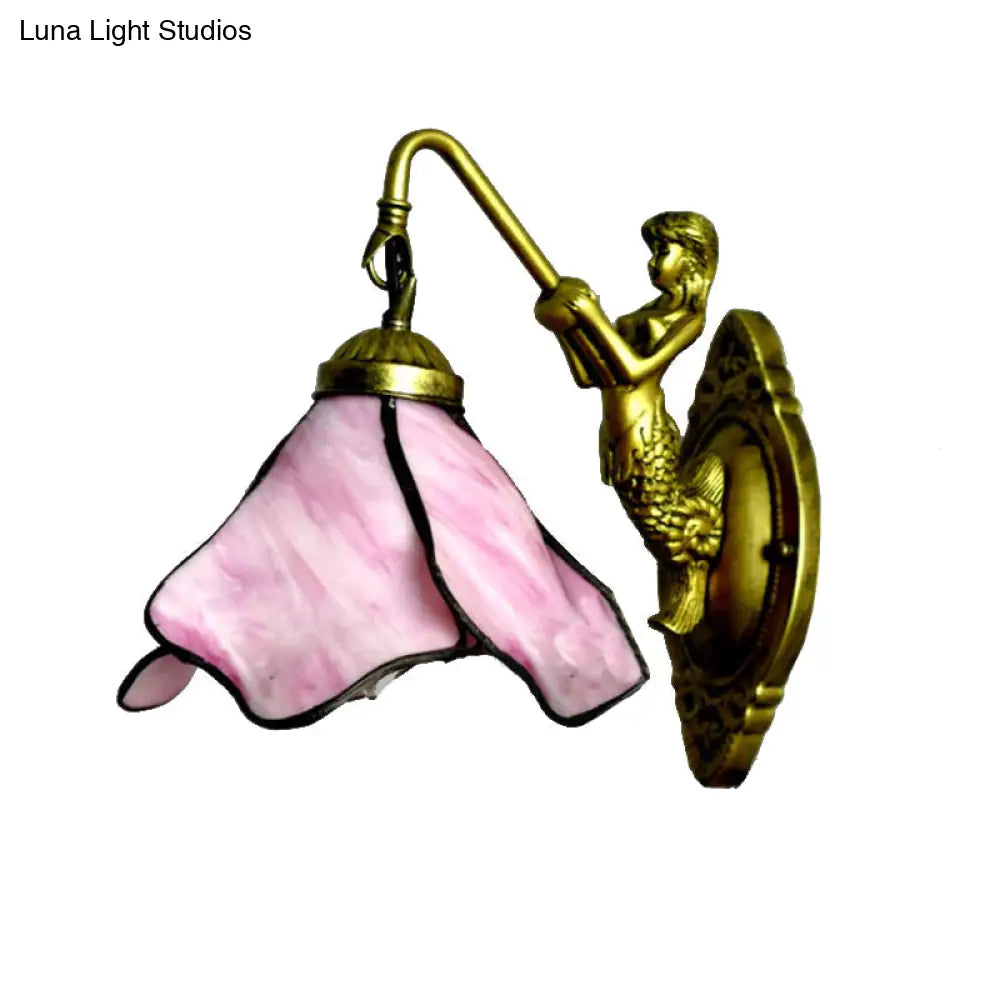 Tiffany Blue/Clear/Pink Glass Sconce Light Fixture With Mermaid Backplate - Petal Wall Mount