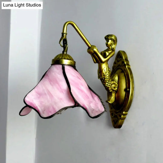 Tiffany Blue/Clear/Pink Glass Sconce Light Fixture With Mermaid Backplate - Petal Wall Mount