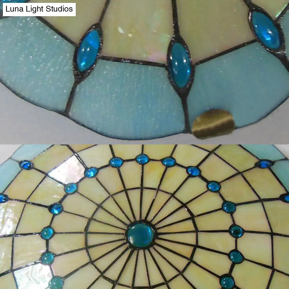 Tiffany Blue Dome Shade Flush Mount Ceiling Light With Jewel Decoration - Available In