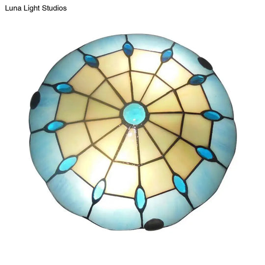 Tiffany Blue Dome Shade Flush Mount Ceiling Light With Jewel Decoration - Available In 12/16/19.5