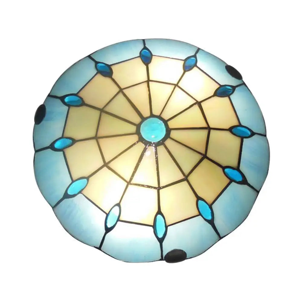 Tiffany Blue Dome Shade Flush Mount Ceiling Light With Jewel Decoration - Available In