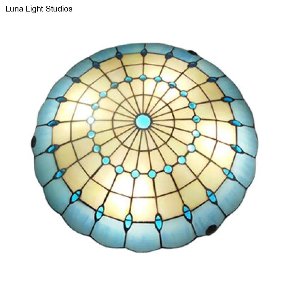 Tiffany Blue Dome Shade Flush Mount Ceiling Light With Jewel Decoration - Available In 12/16/19.5