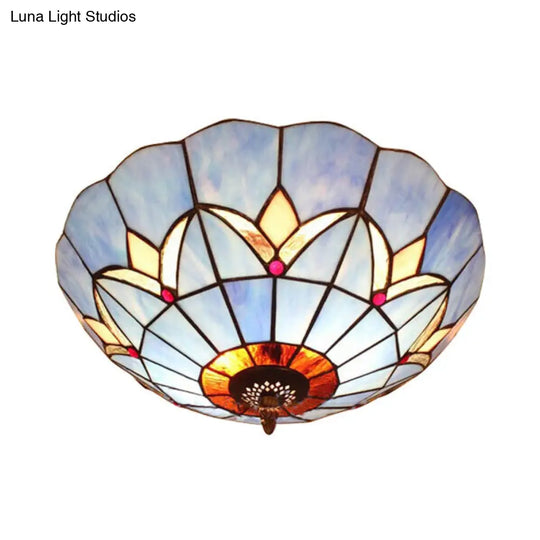Tiffany Blue Glass Ceiling Lamp With 3 Bulbs - Traditional Flush Mount For Bedroom