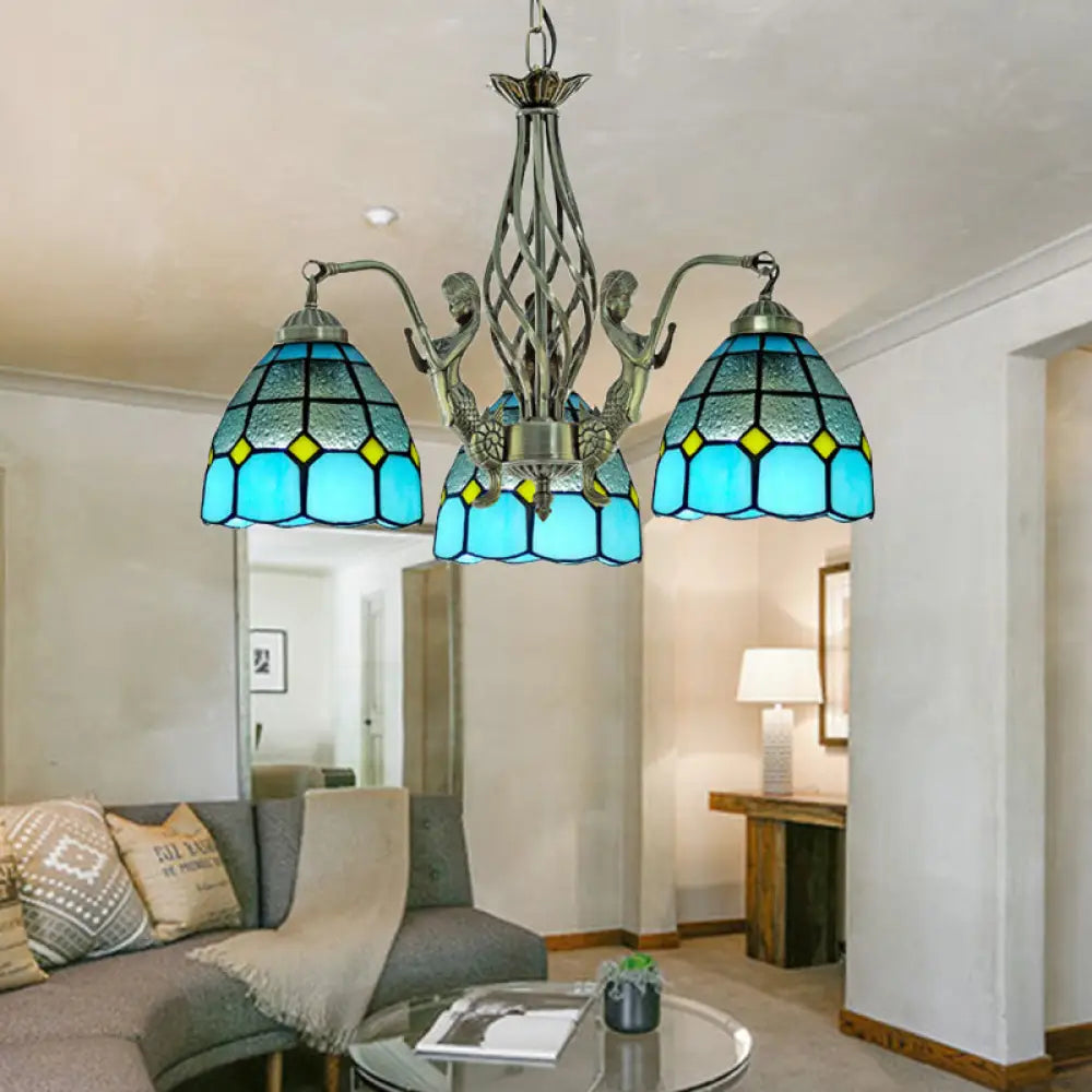 Tiffany Blue Glass Chandelier With 3 Lights - Hand Cut Dome Design For Ceiling Lighting