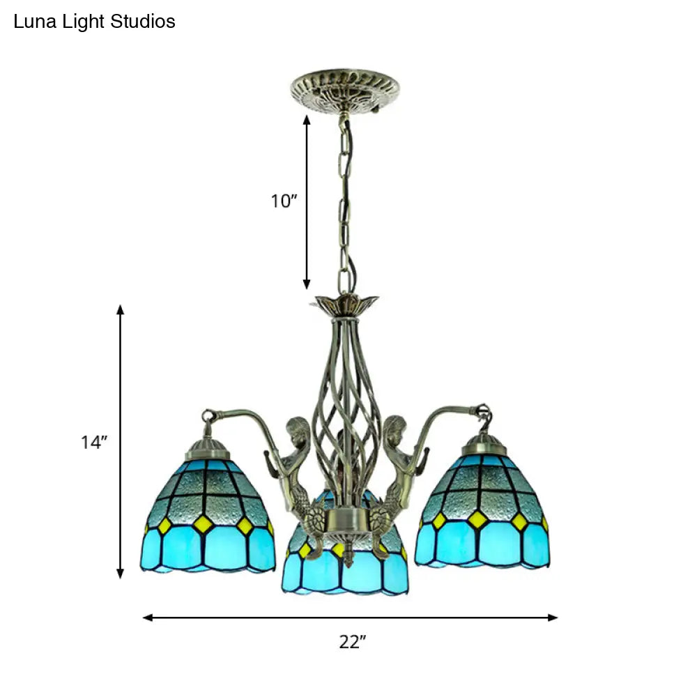 Tiffany Blue Glass Chandelier With 3 Lights - Hand Cut Dome Design For Ceiling Lighting