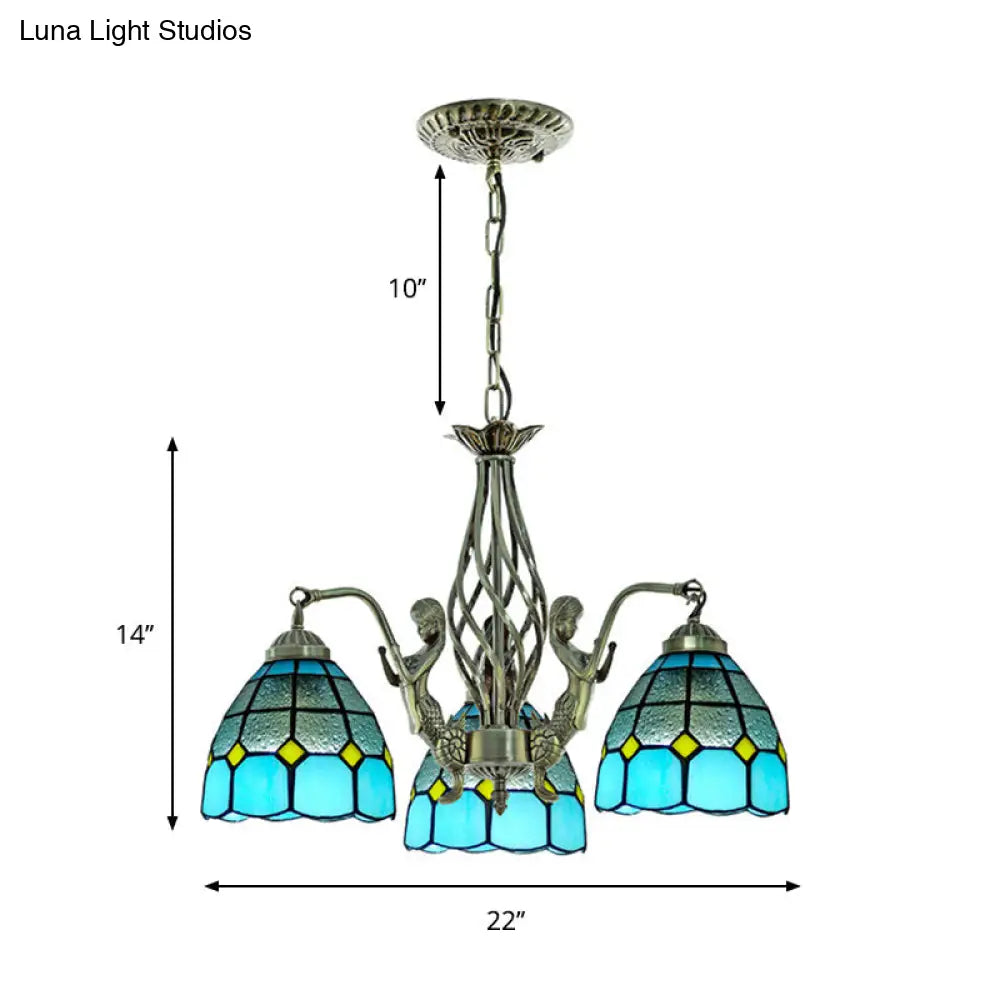 Tiffany Dome Hand-Cut Glass Chandelier With 3 Blue Lights - Stylish Ceiling Lamp