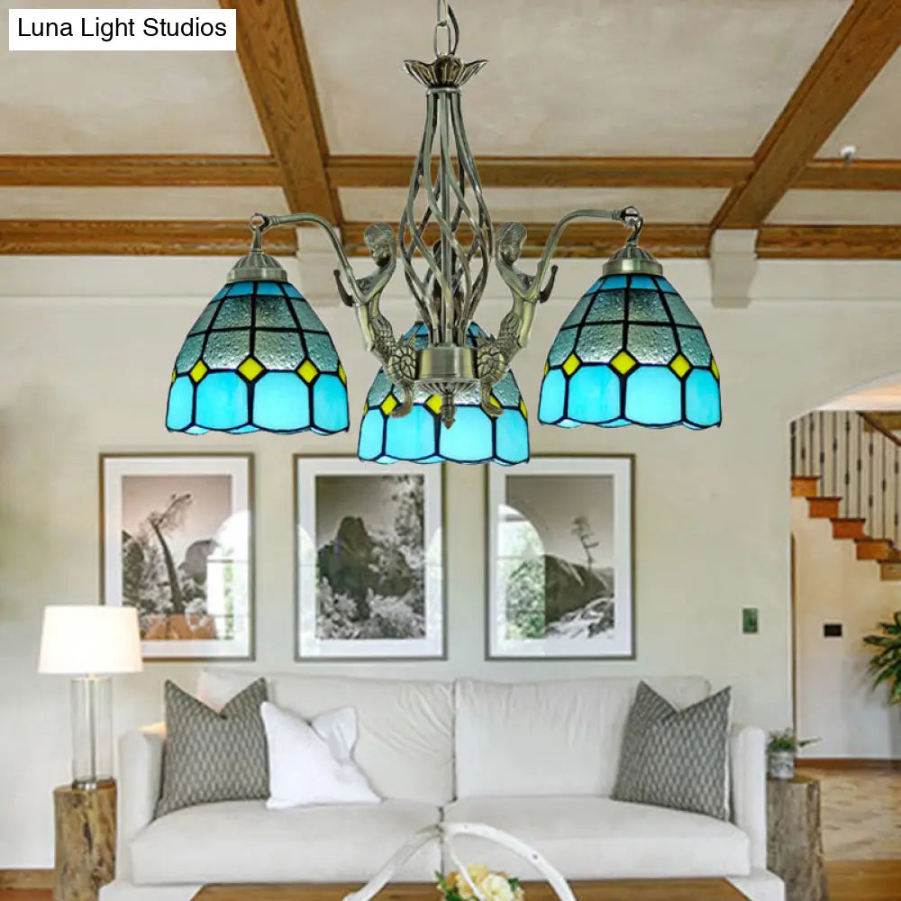 Tiffany Blue Glass Chandelier With 3 Lights - Hand Cut Dome Design For Ceiling Lighting