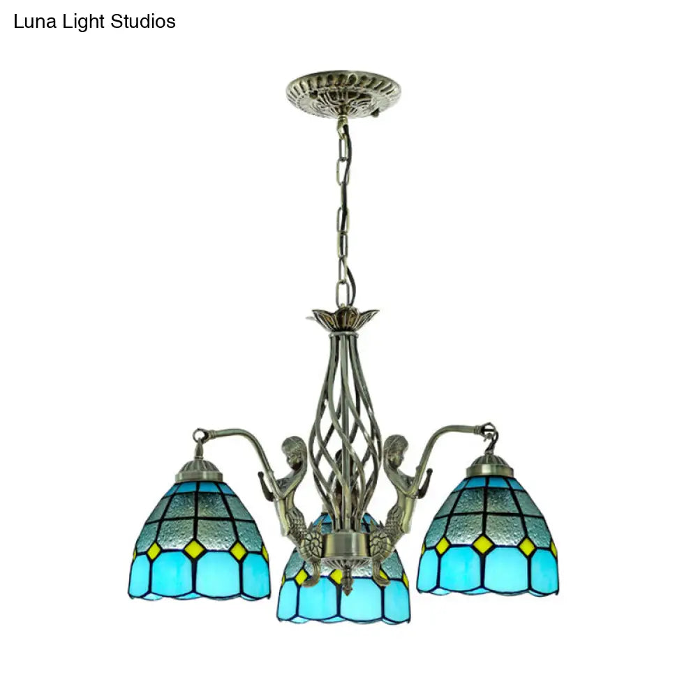 Tiffany Blue Glass Chandelier With 3 Lights - Hand Cut Dome Design For Ceiling Lighting