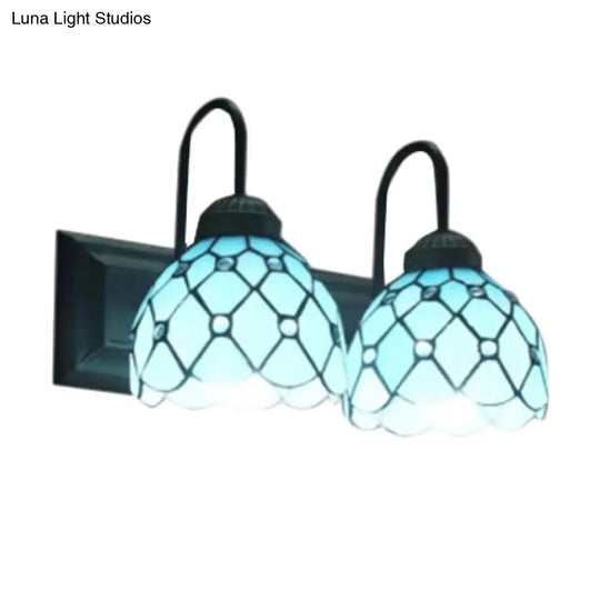 Tiffany Blue Glass Dome Wall-Mounted Sconce Light In Black - 2 Heads