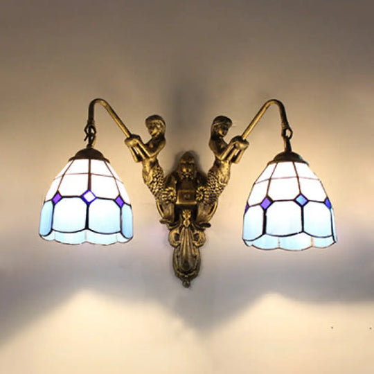 Tiffany Blue Glass Dome Wall Sconce Light - Antique Brass Finish With Baroque/Square Pattern 2 Heads