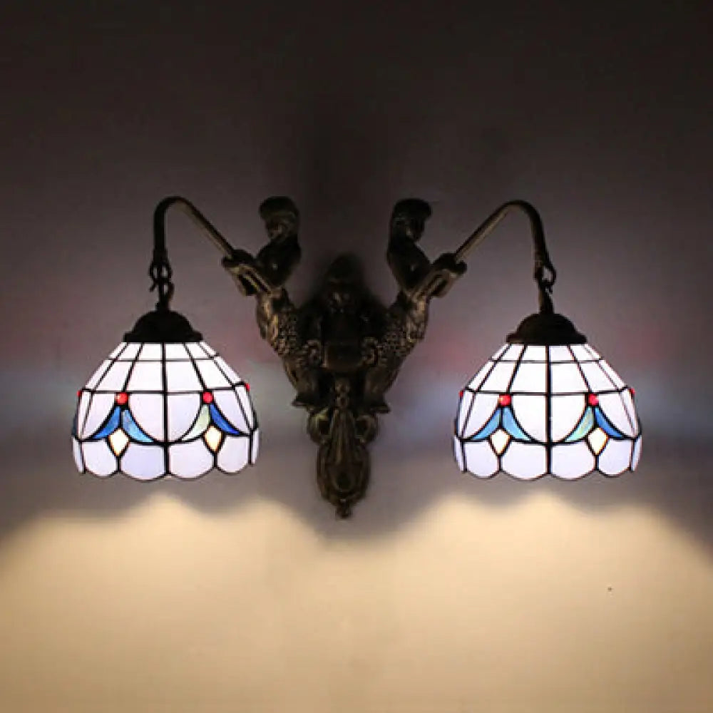 Tiffany Blue Glass Dome Wall Sconce Light - Antique Brass Finish With Baroque/Square Pattern 2 Heads